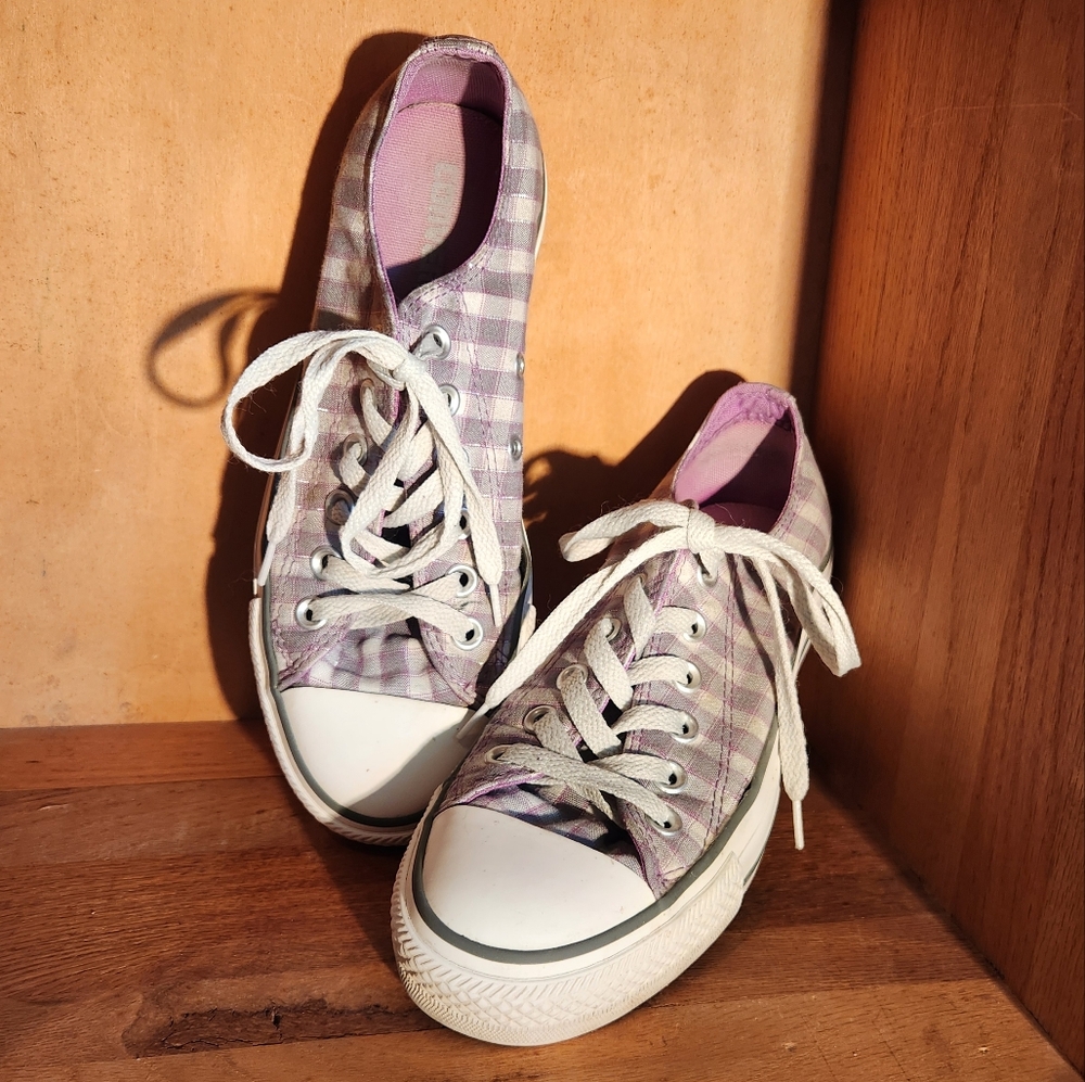 Plaid Purple, Gray, & Silver Thread Converse w/ Purple Interior